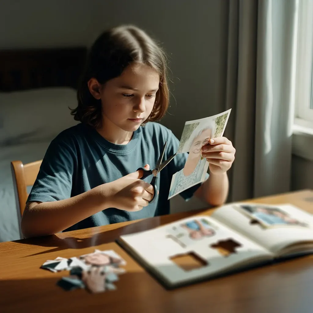 a child suffering from severe parental alienation is cutting up pictures from a photo album removing some family members