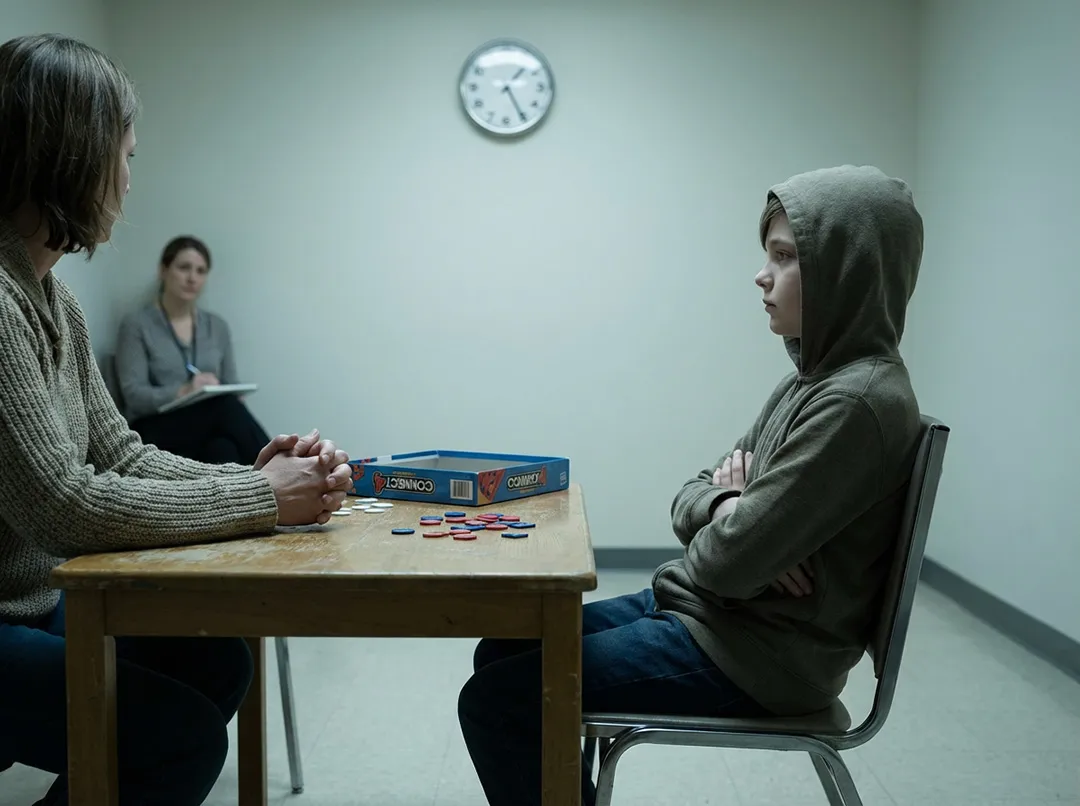 A supervised visitation room where a child sits physically present but emotionally withdrawn, body turned away from the parent who waits patiently at a table with an untouched board game, illustrating alienation: mandated contact without emotional connection.
