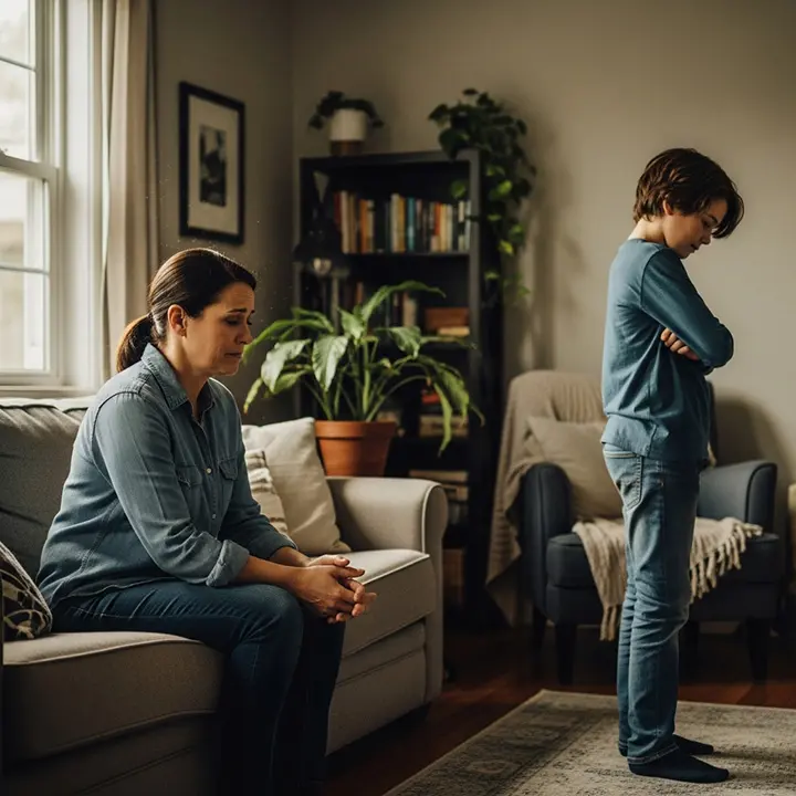 A distressed parent gently trying to communicate with a withdrawn child who stands at a distance, illustrating emotional strain and misunderstanding in a damaged parent–child relationship.