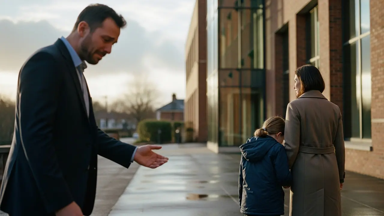 A father stands distressed outside family law courts as his child walks away from him with the mother due to parental alienation