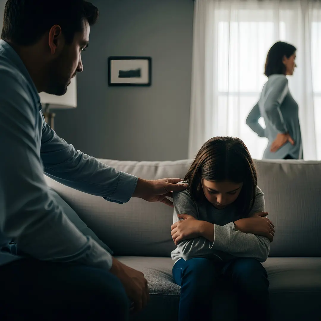 one parent reaches out to an emotionally distressed child whilst the other parent is left out in the background